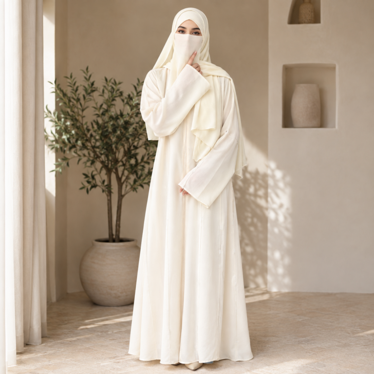 Woman wearing Noor ivory premium zoom fabric abaya with matching hijab and crystal sleeve work for modest wear