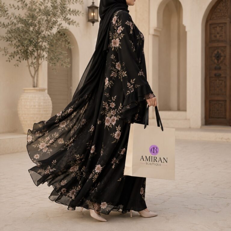 Floral Grace Printed Chiffon Abaya V1 - Demo Product Image - Amiran Boutique