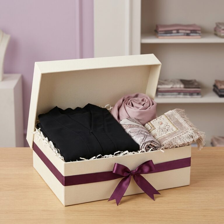 Gift hamper with abaya, hijab and scarf tied with a plum ribbon
