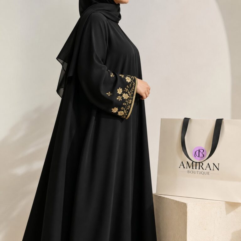 Premium Nida Abaya with Gold Hand-Embroidery V1 - Demo Product Image - Amiran Boutique