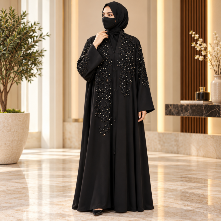 Premium Black Pearl Work Bridal Abaya with Hand Embellished Stone Design - Luxury Abaya Collection