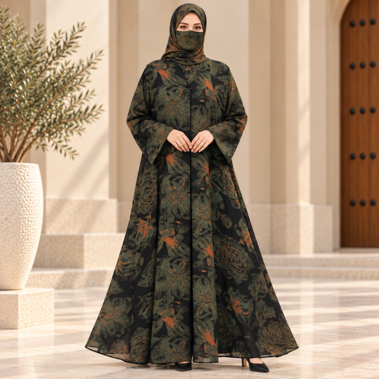 Black Olive Green Vintage Rose Floral Printed Chiffon Abaya Collection