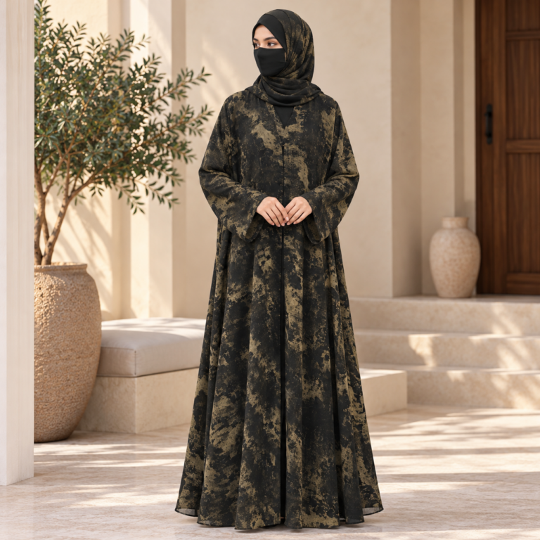 greenl printed chiffon abaya with matching hijab