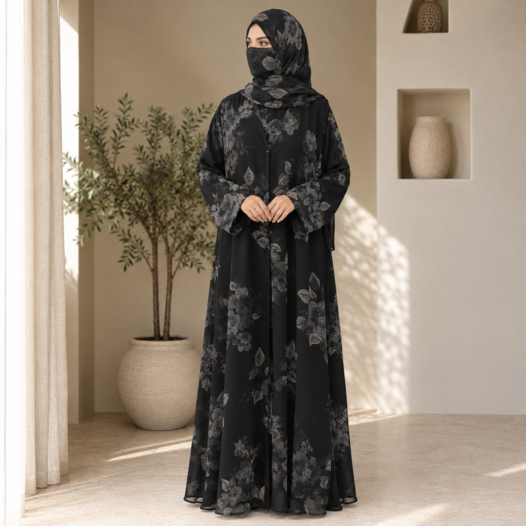 Woman wearing black green floral chiffon printed long abaya with matching hijab for daily modest