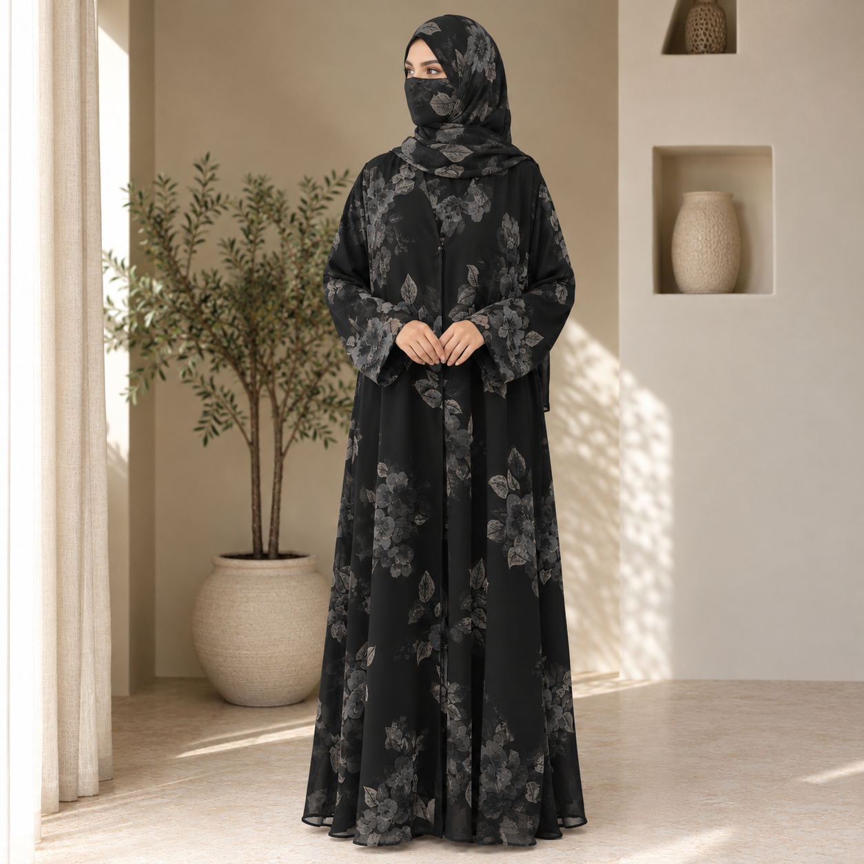Woman wearing black green floral chiffon printed long abaya with matching hijab for daily modest