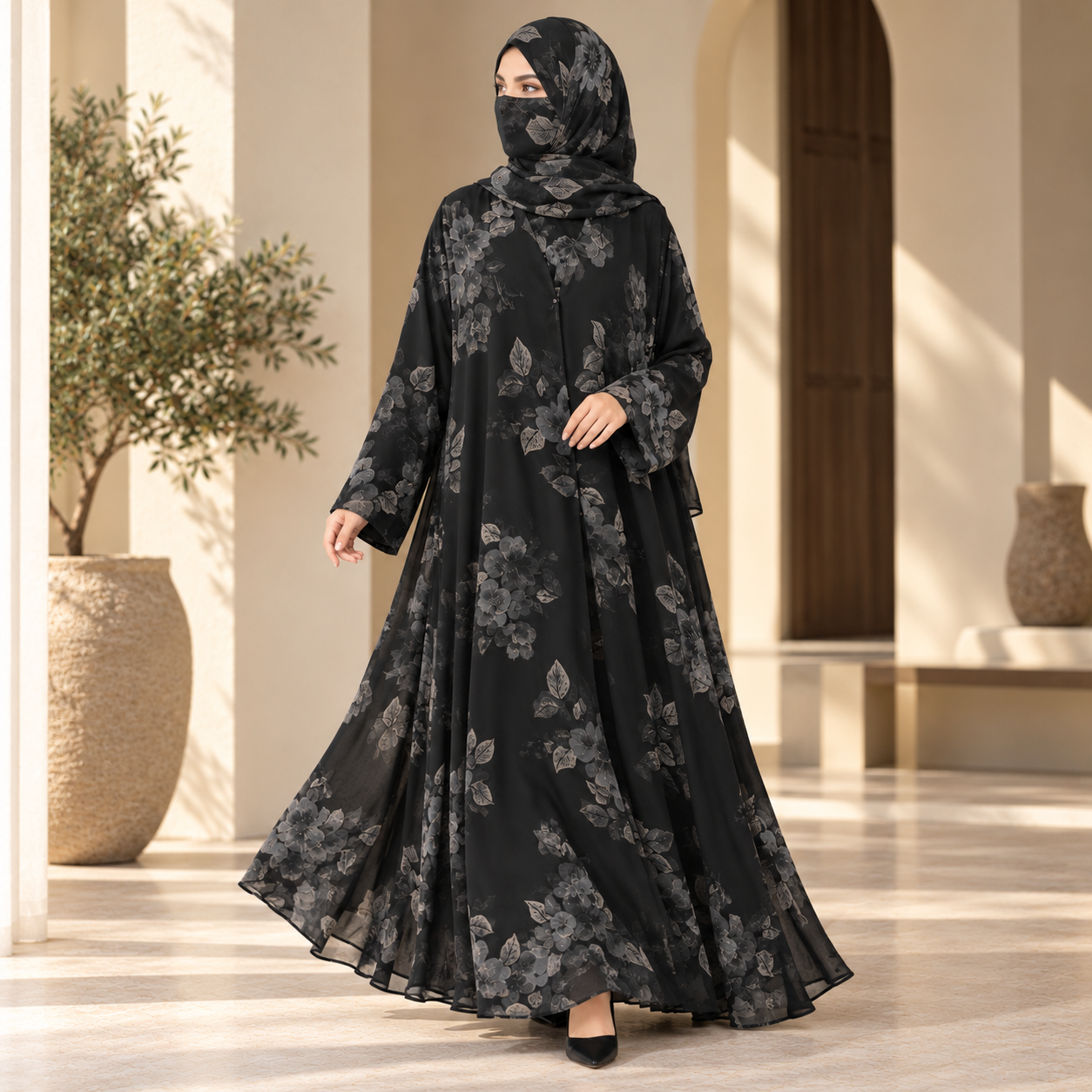 Black Green Floral Chiffon Printed Daily Abaya with Hijab - Image 2