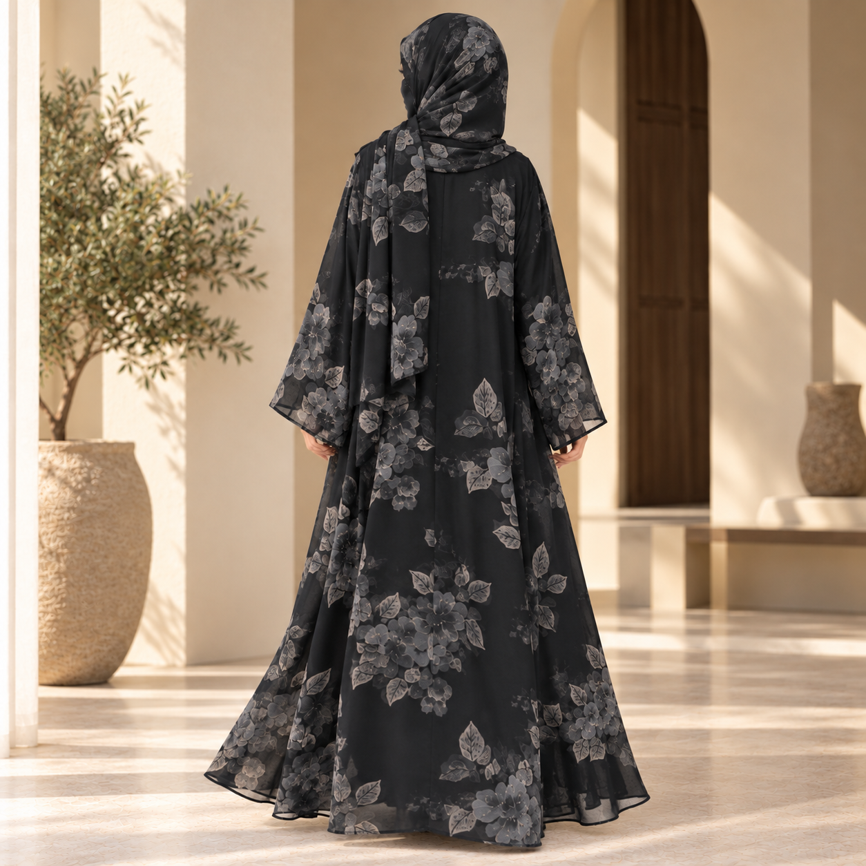 Black Green Floral Chiffon Printed Daily Abaya with Hijab - Image 3