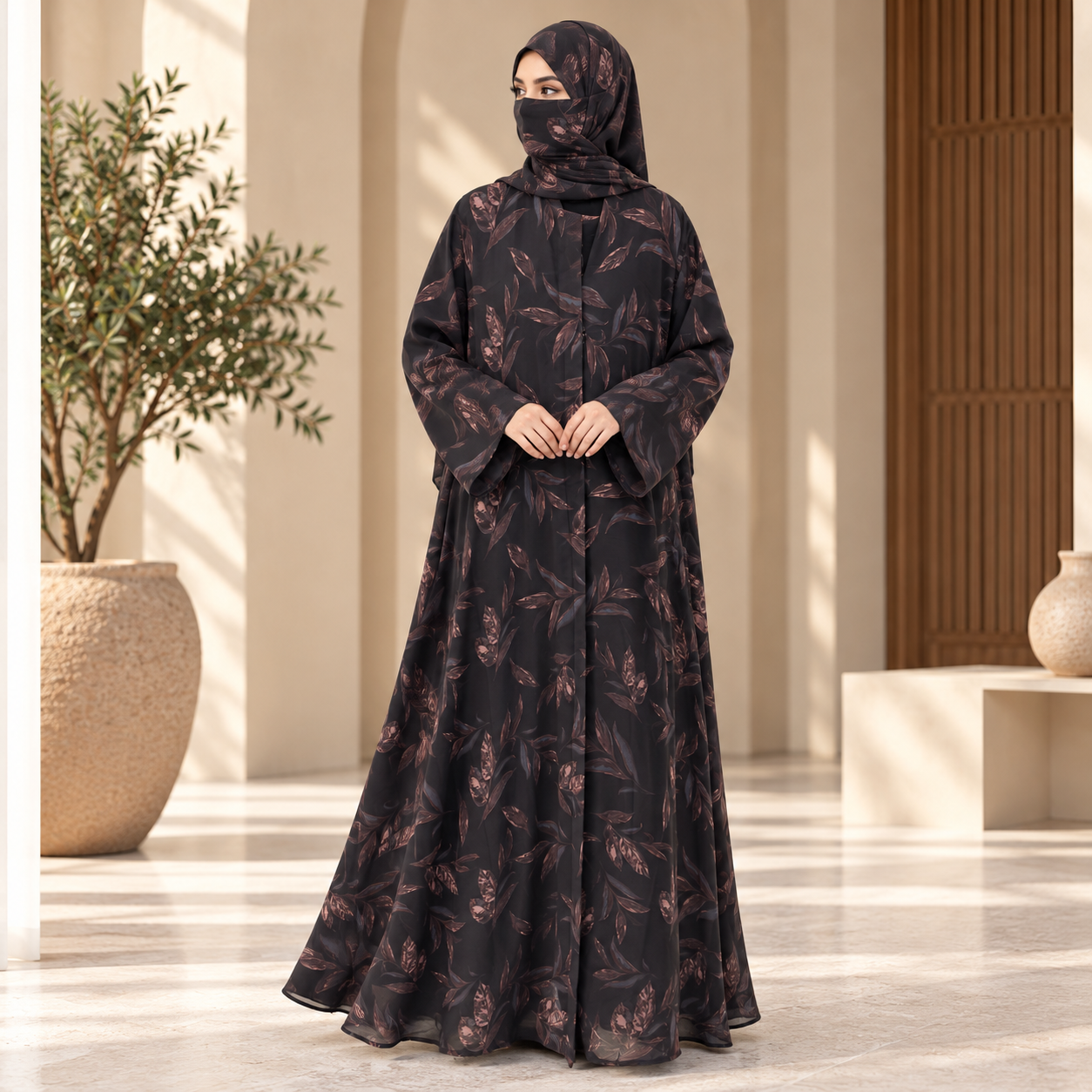 Black abaya with dusty pink leaf floral chiffon print with matching hijab