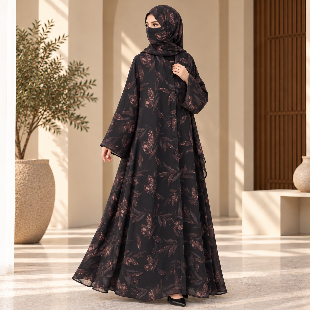 Black open abaya with dusty pink leaf floral chiffon print & matching hijab