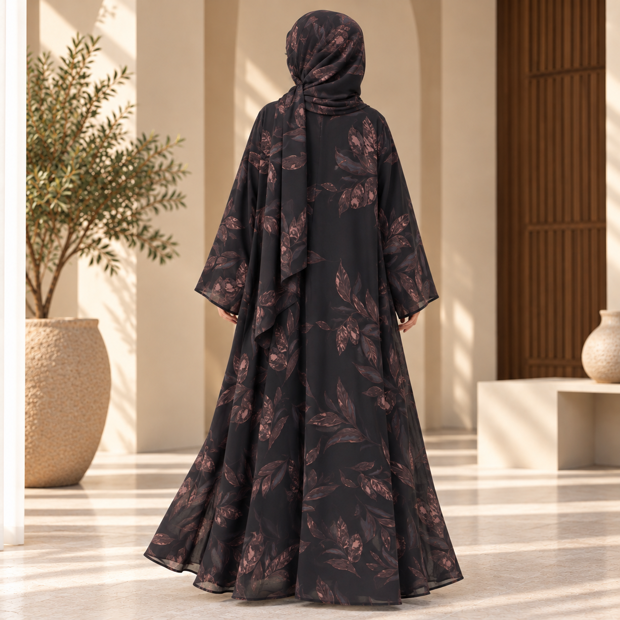 Black open abaya with dusty pink leaf floral chiffon print & matching hijab