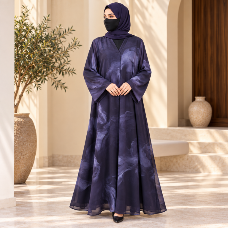 Midnight purple floral printed satin abaya with matching hijab